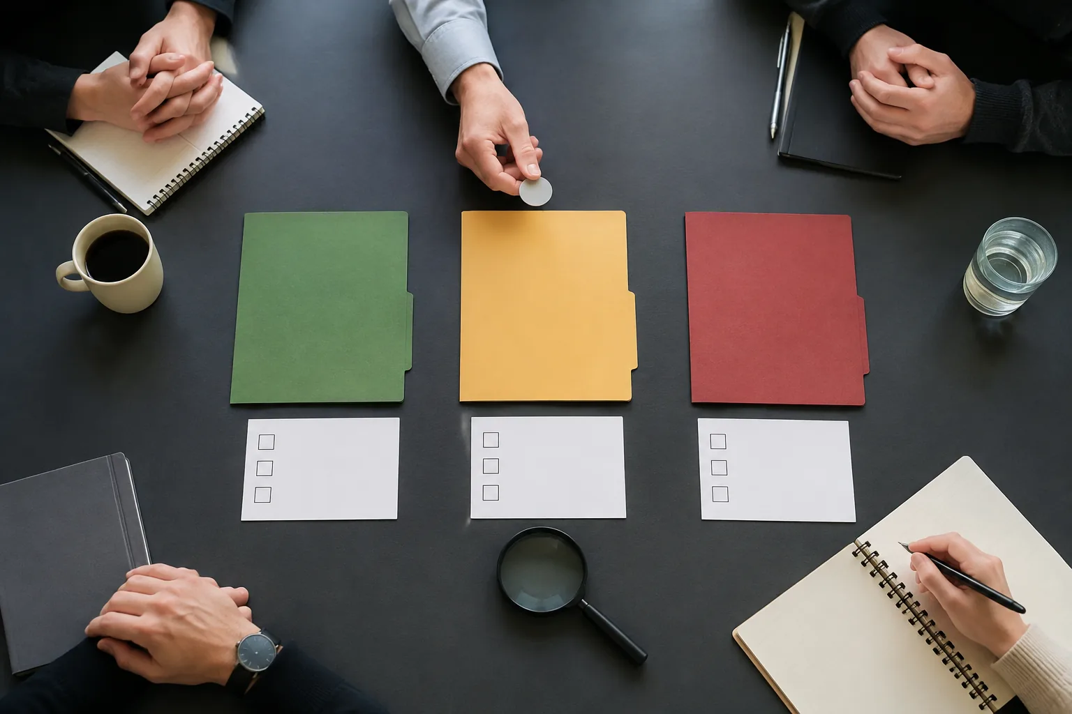 Procurement team reviewing green amber and red evidence folders at a decision meeting