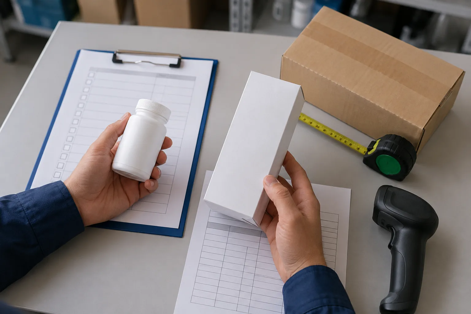 Reviewer comparing an unbranded FMCG pack and carton with a product evidence checklist