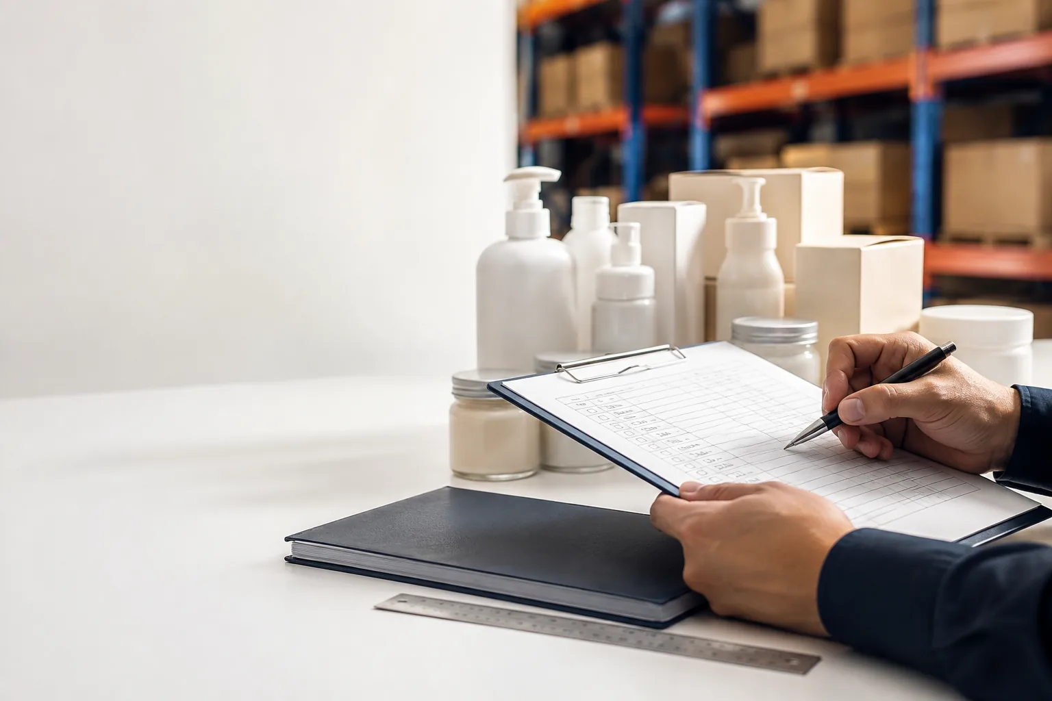 Procurement reviewer completing a supplier due diligence checklist beside unbranded FMCG samples