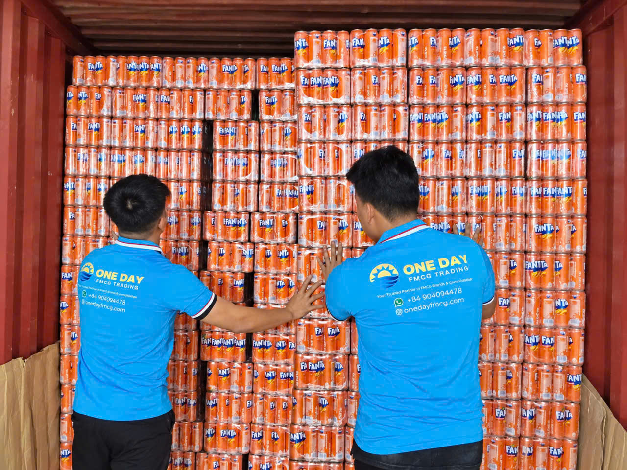 Cartons being arranged inside a shipping container