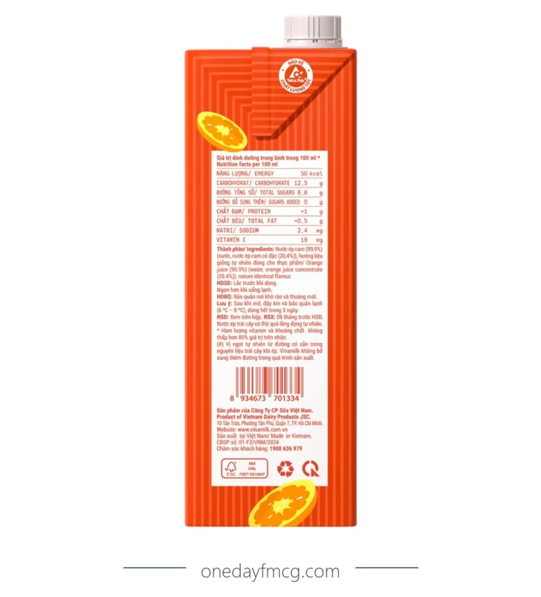 Vinamilk Orange Juice 1L x 12 boxes