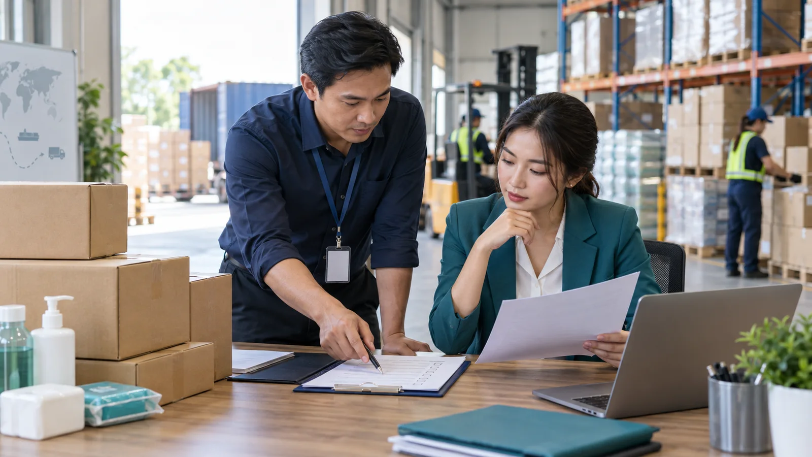 Compliance staff reviewing neutral origin documents beside FMCG export cartons