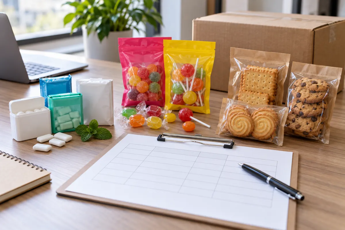 Unbranded gum, candy and cookie samples beside a blank buyer comparison sheet