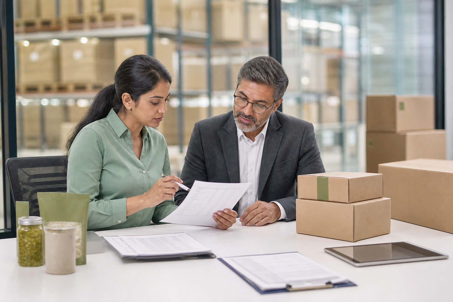 Importer and export specialist checking FMCG shipping documents and product samples
