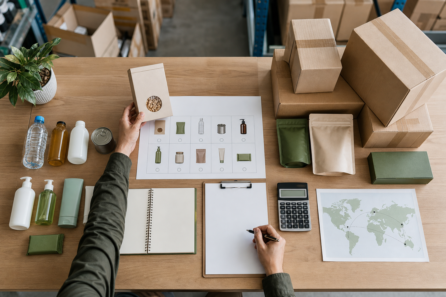 Buyer preparing an FMCG import product brief with packaging samples and cartons