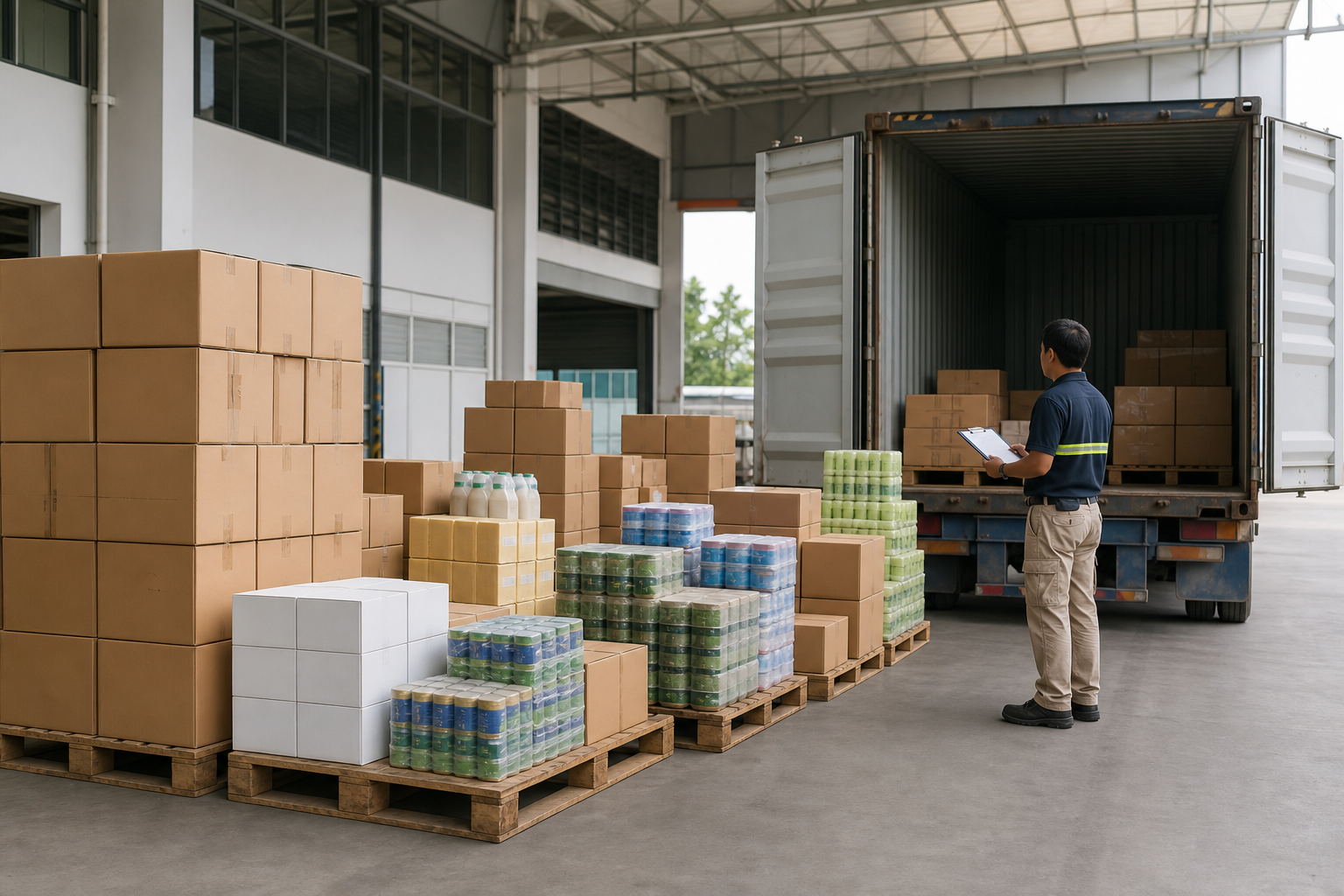 Mixed FMCG cartons organized on pallets for export container loading