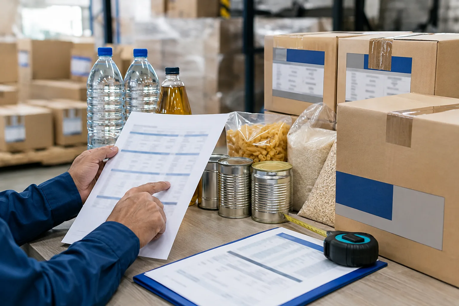 Importer checking FMCG packaging, carton data and shipment documents at SKU level